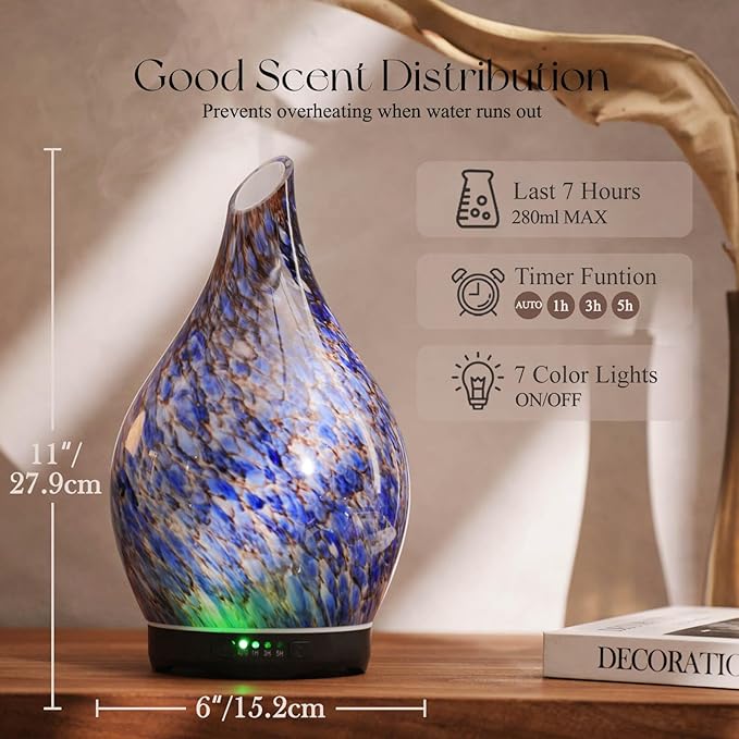 Porseme 280ml Essential Oil Diffuser Glass Color Changing Aroma Air Diffusers Aromatherapy Ultrasonic Cool Mist Humidifier 7 Running Hours Waterless Auto-Off for Sleeping, Yoga, Office (Deep Blue)