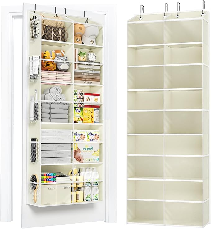 PureSpace 5-Tier Over The Door Organizer with 10 Side Mesh Pockets & Clear Windows, 80 lb Weight Capacity Hanging Storage for Bathroom, Bedroom, Nursery, Kitchen, Organize Toys (Clear Beige)