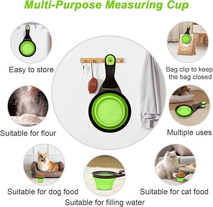 PNEUICALLY Collapsible Silicone Dog Food Scoop Foldable Pet Food Measuring Cup with Bag Clip 3 in 1 Multi-Function Silicone Dog Food Scooper (Green, Large)