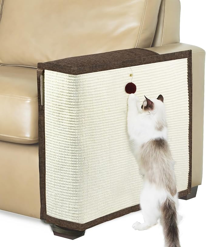 Upgraded Cat Scratch Furniture Protector,Cat Scratch Sofa Arm Sheild with 27.6’‘L*19.6’‘W Natural Sisal and Scratch Ball for Protecting Couch Sofa Chair Furniture (Brown/Left Handed)