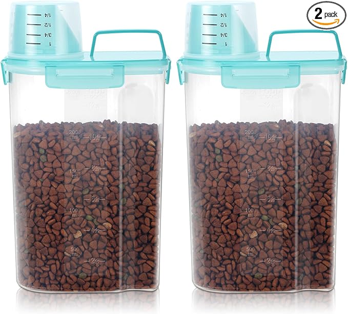 LEAWALK 3-5Lbs Airtight Small Cat Dog Pet Food Storage Containers BPA Free, with Large Pour Spout/1 Measuring Cup/ 4 Safety Locks and Double-layer Silicone Strip (Clear Blue 2Pack)