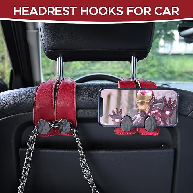 2PCS Leather Car Seat Hooks for Headrest, Vehicle Hanger Storage Organizer Universal for Handbag Purse, Car Accessories Gift (Red-Black)