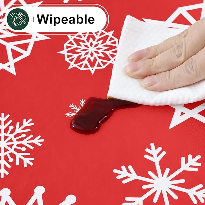 misaya Rectangle Waterproof Vinyl Table Cloth, Wipeable Tablecloth with Flannel Backing, Plastic Table Cover for Dinner, Christmas Party (Red Snowflake, 60" x 102")
