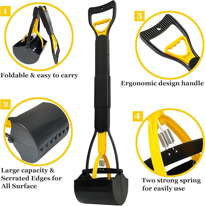 32“ Tall Pooper Scooper, Large Pooper Scooper for Dogs Heavy Duty, Dog Pooper Scooper with Long Handle & High Strength Durable Spring, Foldable Dog Poop Pick Up