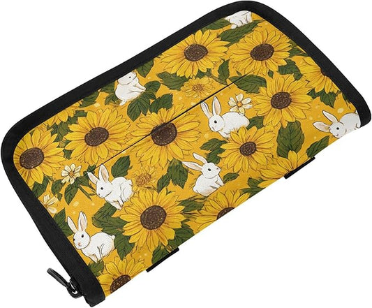 Car Tissue Holder Car Napkin Holder Car Tissue Box Dispenser Storage Case Sun Visor Mask Holder with Adjustable Straps Reusable Refillable Autumn Sunflower and Cute Rabbit