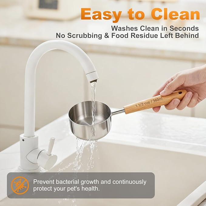 TREMENDRY 1PCS 1/2Cup(120ml | 4oz) Dog Cat Food Scoop, 18/8(304) Stainless Steel Measuring Cup with Wooden Handle, Etched Measurements Inside, BPA Free Portion Control for Pets & Kitchen Use