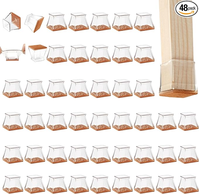 CHUNZEXI 48 Pack Square Chair Leg Floor Protectors for Hardwood Floors, Silicone Felt Covers Pads Caps, Protect Wood Furniture Feet Floors Noise Reduce and Scratch (Square Large & Clear)