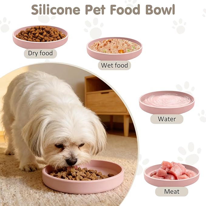 VCEPJH 2 Pack Silicone Dog Plates for Food Shallow Pet Bowl Flat Puppy Food Bowl Whisker Fatigue Cat Feeding Bowls Noiseless Dishes for Dry and Wet Food (Round Pink)