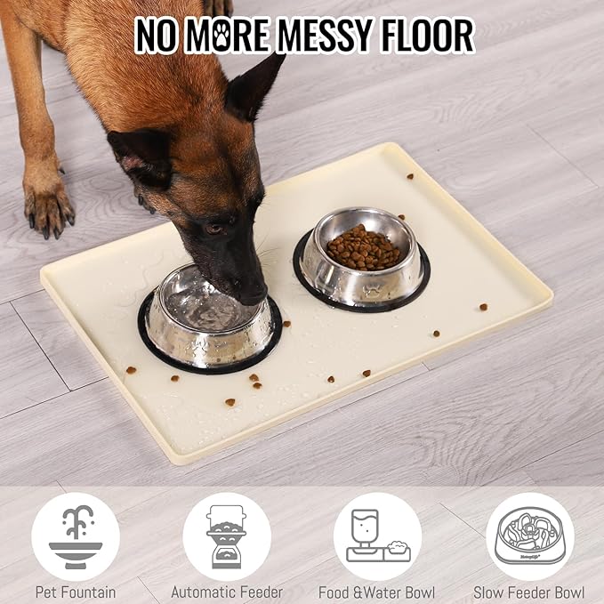 MateeyLife Dog & Cat Food Mat, Waterproof & Nonslip Silicone Feeding Mats for Dogs and Cats, Raised Edge Tray for Messy Drinkers, 22"x14", Beige