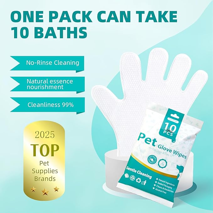 [10 Count] No-Rinse Pet Glove Wipes – 5-Finger Design, Coconut Oil & Aloe, Hypoallergenic Grooming Mitts for Dogs & Cats