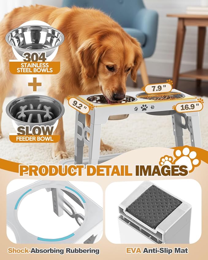 Jovrun Elevated Dog Bowls, Dog Feeder with Stainless Steel Dishes & Slow Feeder Bowl, 5 Heights Adjustable Raised Stand for Medium Large, Food Dishes with Non-Slip Feet