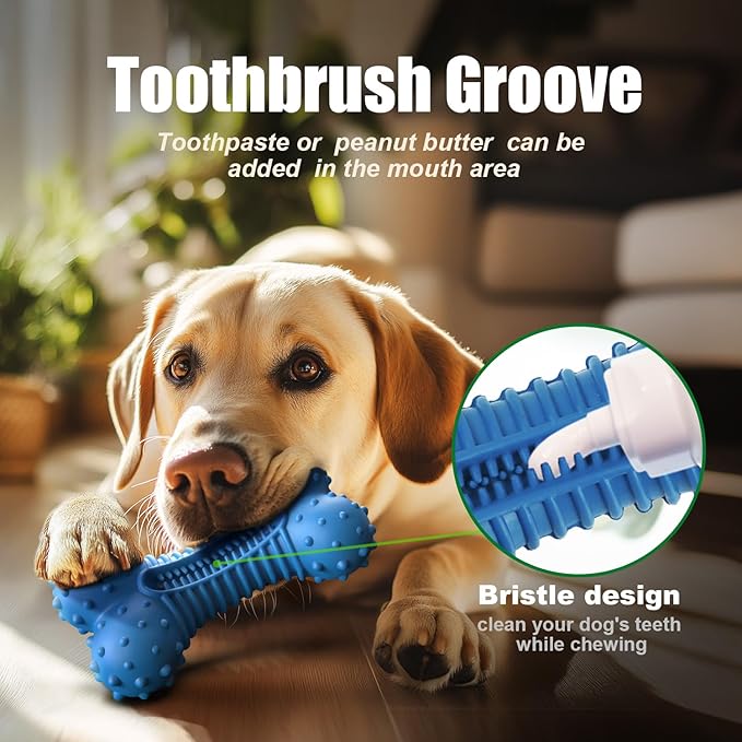 Ouilter Dog Toys for Aggressive Chewers, Chew Toys for Medium Large Dogs, Durable Natural Rubber Toys with Bacon Flavor, Indestructible Dog Toy,Blue