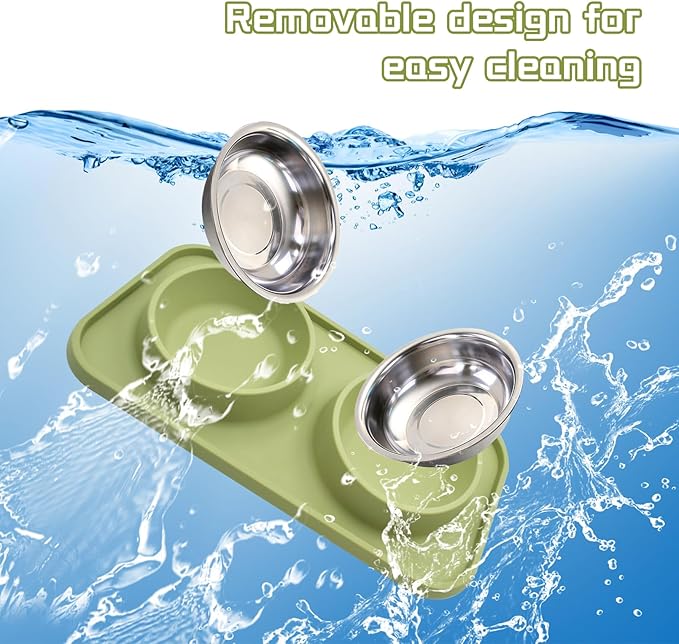 MUYG Double Dog Food Bowls Stainless Steel with No Spill Non Skid Silicone Mat Removable Dog Water and Food Bowls Set Durable Feeding for Small Dogs Puppy Cat Kitten(Green)