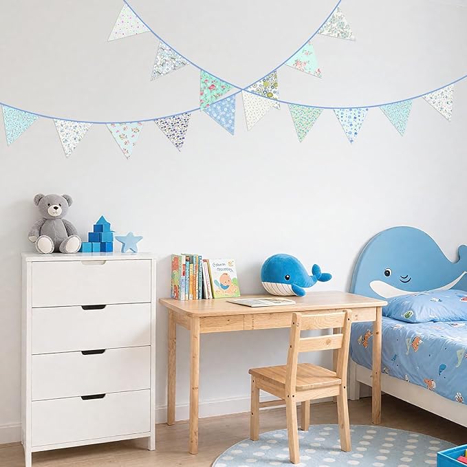 G2PLUS 39Ft Triangle Bunting Banner, 42Pcs Blue Floral Garland Pennant Banner, Reusable Cotton Triangle Flags Party Decoration for Birthday, Wedding, Garden Tea Party, Baby Shower, Room Decor