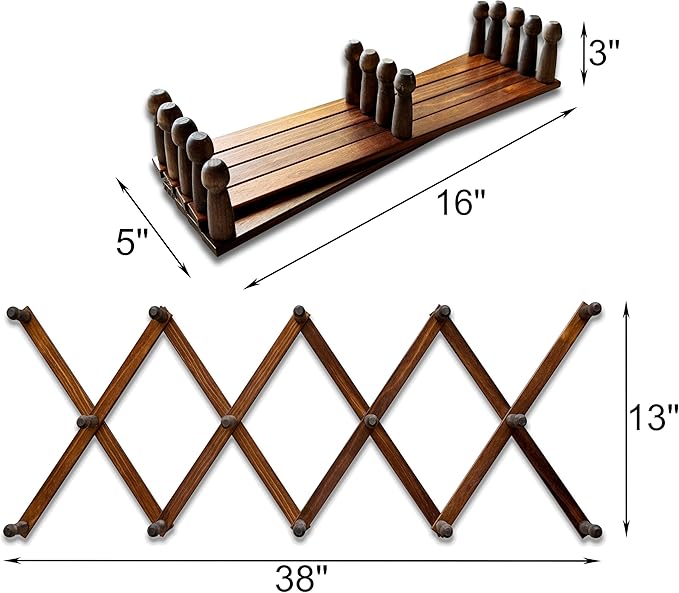 Mercurial Trade Expandable Wooden Coat Rack Hanger - Large Accordion Hanger with Expanding Pegs | Hand Made Rustic Wooden Hat Rack for Wall | Hang Coat, Jacket, Hat | Wall Rack – 14 Hook, Jacobean