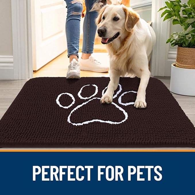 OLANLY Dog Door Mat for Muddy Paws 44x24, Paw Print Design, Absorbs Moisture and Dirt, Absorbent Non-Slip Washable Doormat, Quick Dry Chenille Mud Mat for Dogs, Entry Indoor Entryway Carpet, Brown