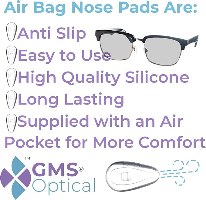 GMS Optical Comfort Line - 7mm Regular Wide/11mm Small Length - Air Bag Screw-in Soft Silicone Nose Pads for Glasses, Sunglasses, Glasses Repair Kit with Screws, Keep Glasses from Sliding (5 Pair)