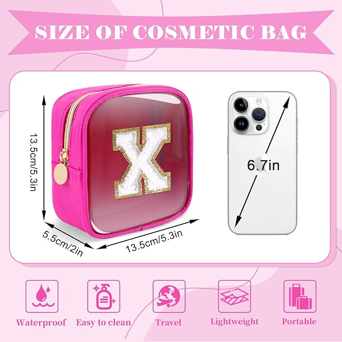 Personalized Initial Letter Clear Preppy Makeup Bag,Mini Nylon Chenille Letter Cosmetic Bag Cute Zipper Pouch Coin Purse for Teen Girls,Portable TSA Approved Travel Essentials Bag Gift for Women,X