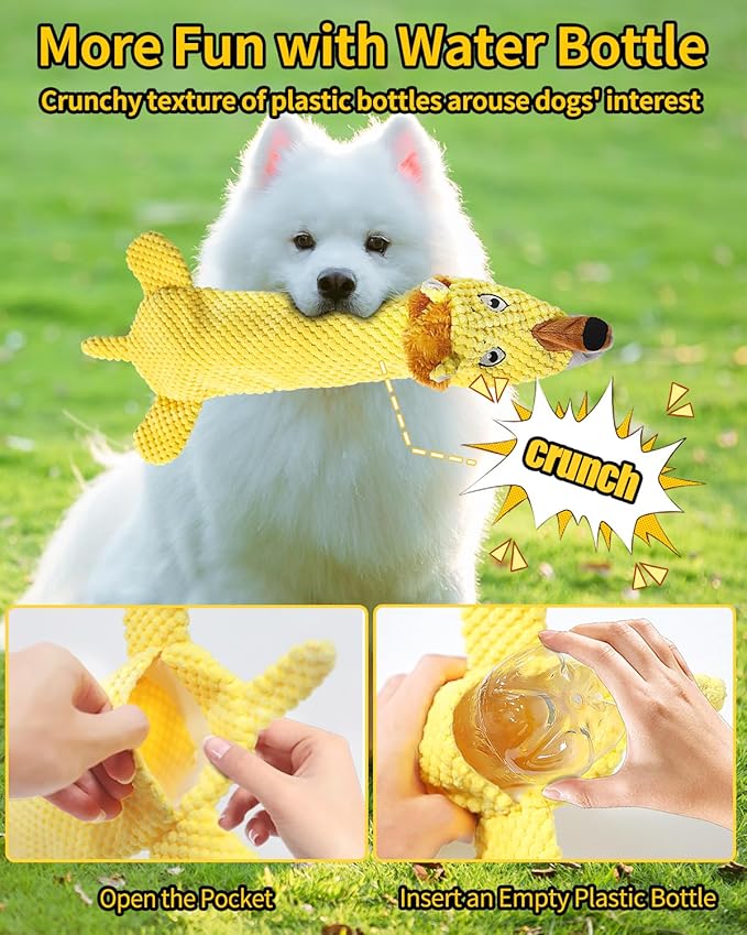KrauzPet Dog Toys, Squeaky Plush No Stuffing Crinkle Dog Toy for Small Medium Large Dogs, [3 Pack] Interactive Puppy Teething Water Bottle Dog Chew Toy