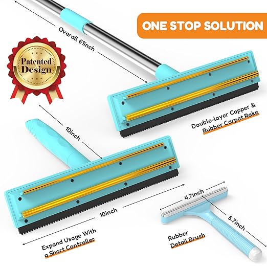 BoxZone 3 In 1 Carpet Rake for Pet Hair Removal Tool with Long & Short Handle and Rubber Detail Brush, Carpet Brush for Pet Hair, Deep Cleaning Pet Hair Removal Broom for Carpets Couches Rug Furniture