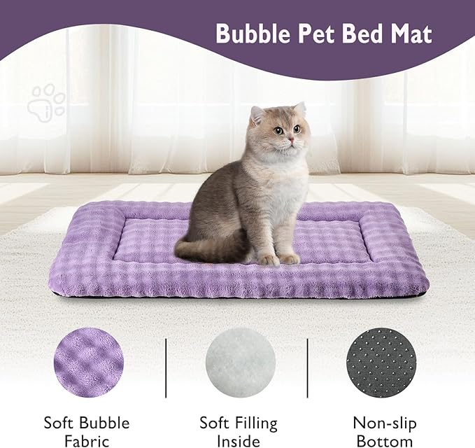 Pet Bed Mat Crate Pad for Cats Small Dogs, Washable Soft Pet Sleeping Mat Kennel Pad with 3D Bubble Pattern, Dusty Purple, 24"x 18"