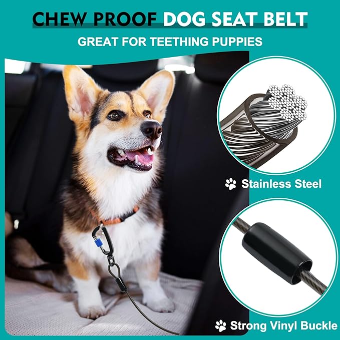 Chew Proof Dog Seat Belt for Car, 24 inch Black Dog Car Harness with Latch Bar Attachment and Aviation Aluminum Carabiner Up to 1000 lbs, Secure Dog Seatbelt Leash 2 Pack