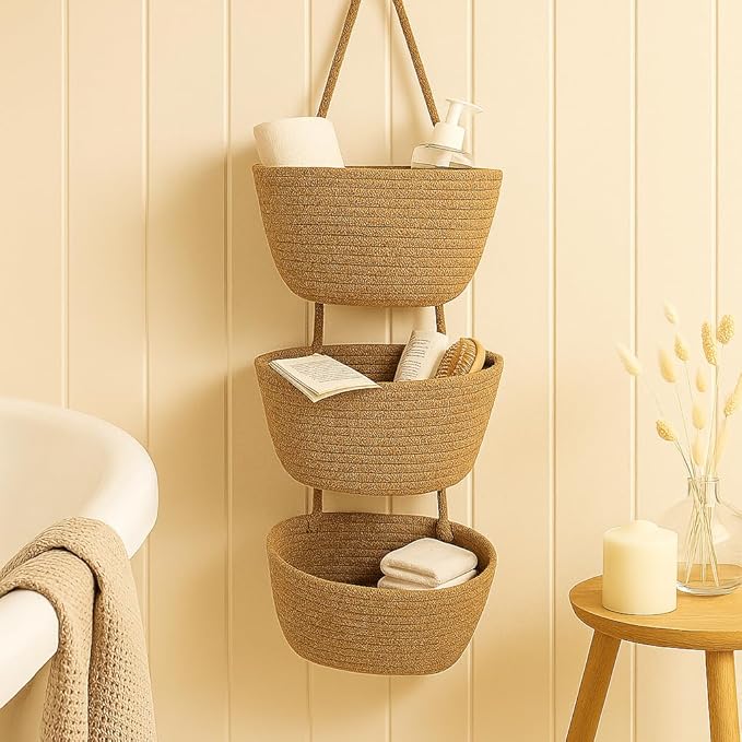 Japanese Handmade Cotton Rope Hanging Basket Organizer – 3 Tier Wall boho Storage Organizer for Toys , Snacks & Décor – Eco-Friendly Coiled Weaving Craft, Housewarming & Shower Gift (brown)