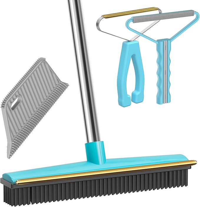 SOCCSO Carpet Rake - 60" Long Handle Pet Hair Removal with Metal Fabric Edge Design,Carpet Rake for Pet Hair Removal, Dog Cat Fur Remover Rubber Broom,Rug,Car Mat,Couch,Pet Bed,Furniture(4 Pack)