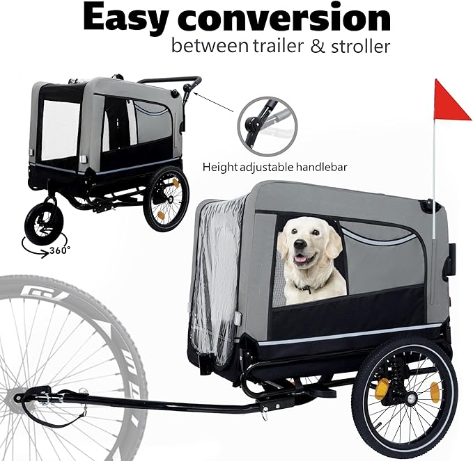 Extra Large 2-in-1 Bike Trailer & Push Cart for Pets - Detachable Bike Hitch & Push Handle Included - All-Terrain Wheels Quick Release, Non-Slip Floor, Internal Leash, Up to 88 lbs