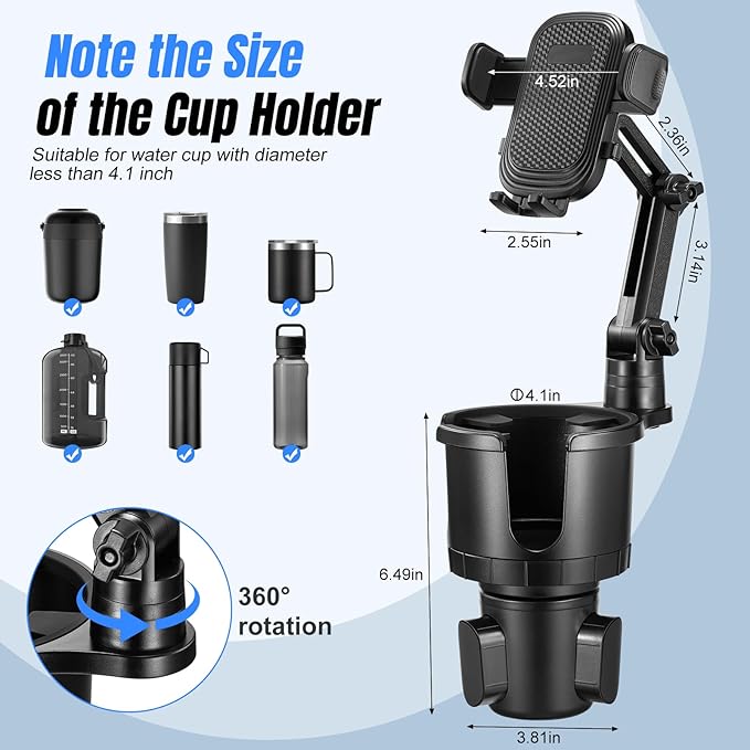 This Hill 2-in-1 Car Cup Phone Holder Expander with Adjustable Base, 360 Rotation, Compatible with iPhone, Samsung & All Smartphones up to 7" (Black)
