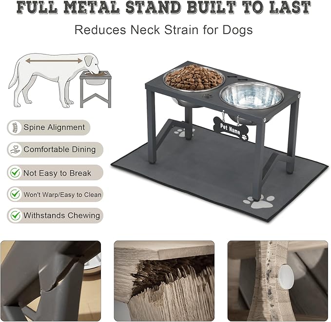 Elevated Dog Bowl Stand, 11.8 Inch Tall Raised Feeder with 2 Stainless Steel Bowls (58oz) and Non-Slip Mat for Medium/Large Dogs (Grey)