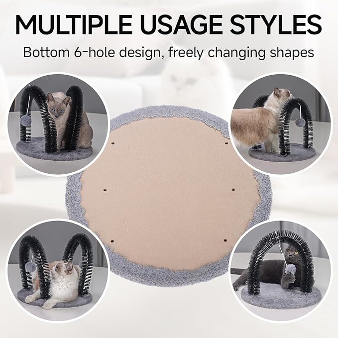 Cat Arch Self Groomer Massager, Kitty Grooming Brush with 2 Brushes and Heavy Plush Base, Cat Face and Back Scratchers, Rubbing Post for Indoor and Outdoor Cats with 2 Plush Balls