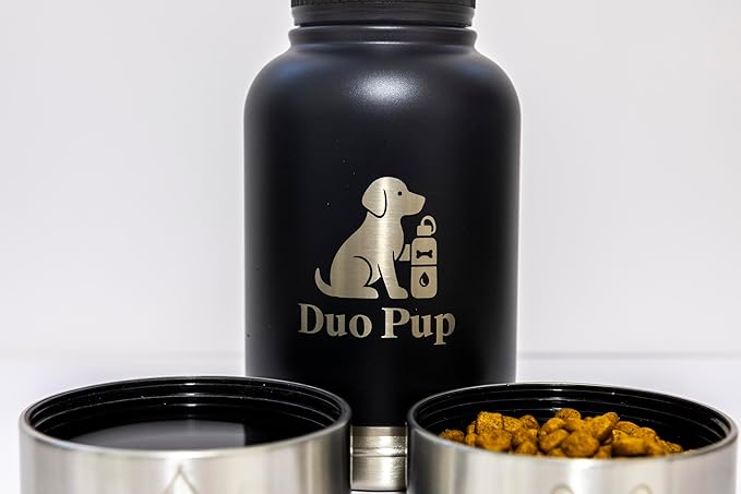 DuoPup 32oz Insulated Stainless Steel Pet Water & Food Bottle – Portable Leak-Resistant Dispenser with Two Detachable Bowls & Carrying Strap – Travel, Hiking & Outdoor Pet Hydration – Black