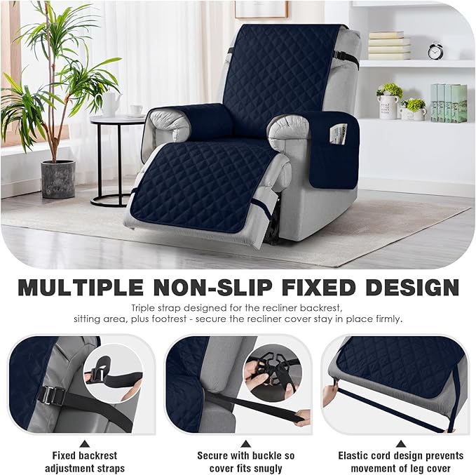 TAOCOCO 100% Waterproof Recliner Chair Cover Non-Slip Reclining Cover for Recliner Chair Washable Chair Seat Cover with Elastic Straps for Pets Sofa Slipcover with Pocket (Oversized 28'', Dark Blue)