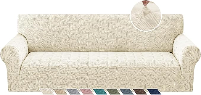 YEMYHOM 1 Piece Stretch Oversized Couch Covers for 4 Seat, Jacquard Extra Large Sofa Cover with Non-Slip Elastic Bottom, Thickened Slipcover Furniture Protector for Dogs Pets (X-Large, Beige）