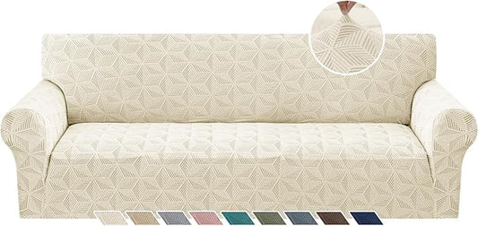 YEMYHOM 1 Piece Stretch Oversized Couch Covers for 4 Seat, Jacquard Extra Large Sofa Cover with Non-Slip Elastic Bottom, Thickened Slipcover Furniture Protector for Dogs Pets (X-Large, Beige）