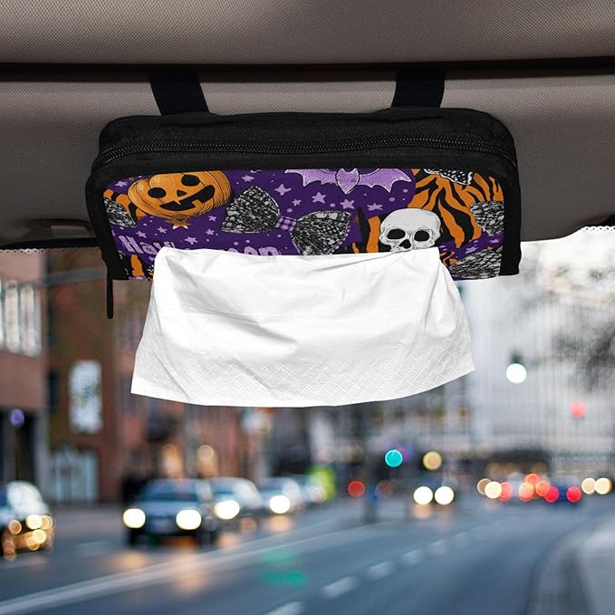 Car Tissue Holder Car Napkin Holder Car Tissue Box Dispenser Storage Case Sun Visor Mask Holder with Adjustable Straps Reusable Refillable Halloween Tiger Stripe Purple Orange