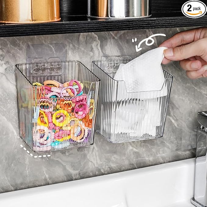 2 Pack Storage Organizer Bins, Wall Mount Organizer Clear Plastic Cabinet Containers Makeup Organizer for Fridge Wall Kitchen Bathroom Countertops Pantry