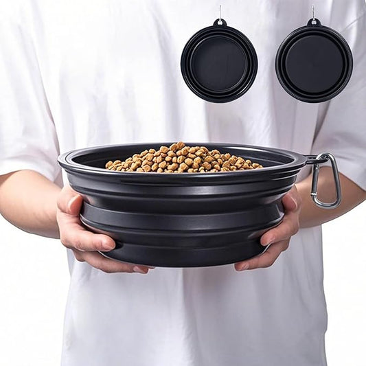 Dog Bowl Pet Collapsible Bowls, 2 Pack Collapsible Dog Water Bowls for Large Dogs Cats, Portable Pet Feeding Watering Dish for Walking Parking Traveling with 2 Carabiners (Black+Black, Jumbo)