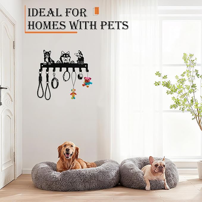 Dog Leash Holder for Wall with 8 Hooks, Heavy Duty Metal Key Rack Wall Mounted, Pet Leash and Key Organizer for Entryway Garage, Holds Harnesses, Collars, Leashes, Keys, Hats