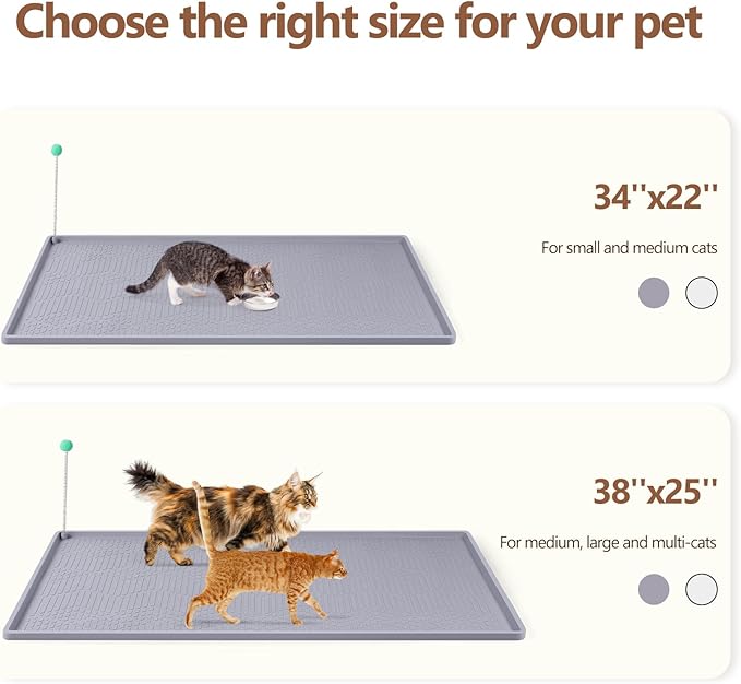 Bartuke Large Cat Litter Mat with Toy Ball, 38'' x 25'' Silicone Cat Litter Trapping Mat for Scatter Control, Soft on Kitty Paws, Easy to Clean (Light Grey)