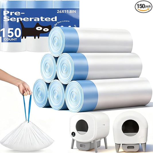 150 Count Automatic Cat Litter Box Bags Compatible with Cmg Fmo Fstg Robot Litter box, Pre-Seperated Thick Self-Cleaning Cat Litter Box Replacement Liners with Drawstring Heavy Duty-26"x11.8"
