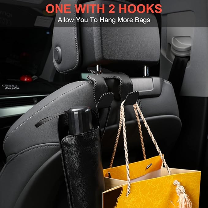 【2021 Upgraded】 Car Purse Hook, 2 in 1 Car Seat Headrest Hooks Durable Hanger Storage Holder Leather Organizer for Hanging Grocery Bags, 2 Pack, Gray