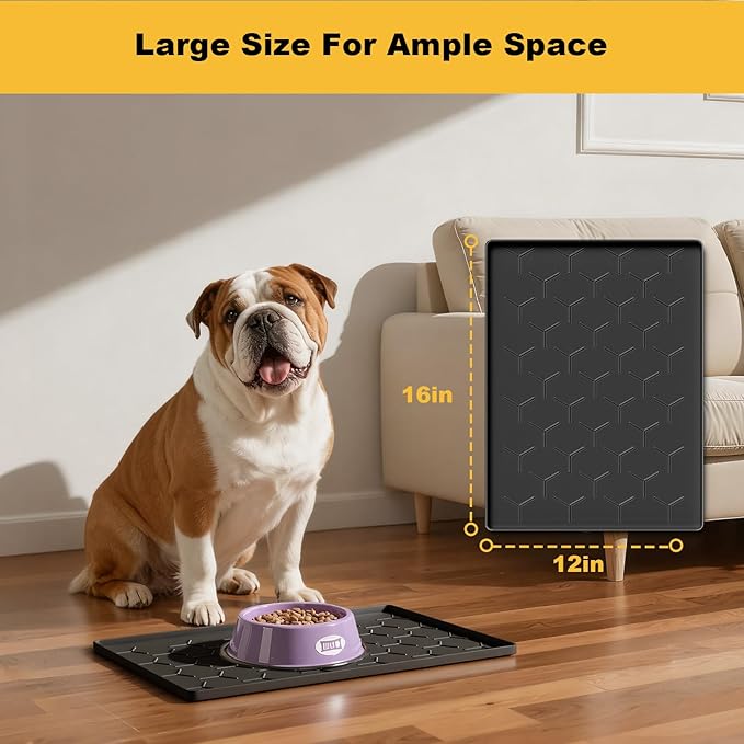 Pieviev Dog Cat Food Bowl Mat, Silicone Waterproof Food Grade Pet Food Mat for Floor, High Raised Edge to Prevent Spills, Non-Slip & Easy Clean Pet Placemat for Dog & Cat Bowls, 16''x12'', Black