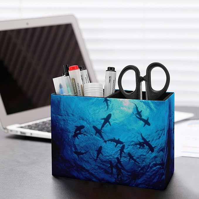Pen Holder, Pencil Holder for Desk Organizer, Sea Ocean Animal Sharks PU Leather Pencil Cups Desktop Stationery Storage Makeup Brush Holder Pen Organizer for Office Home