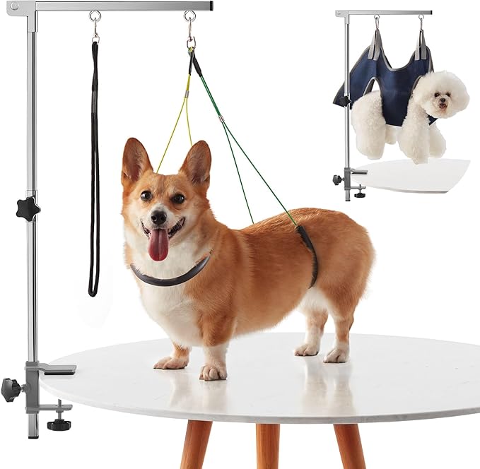 Home Dog Grooming Table Arm with Hammock 35" Height Adjustable Dog Grooming Arm with Clamp No-Sit Haunch Holders Durable Stainless Steel(Grooming Table Not Included)