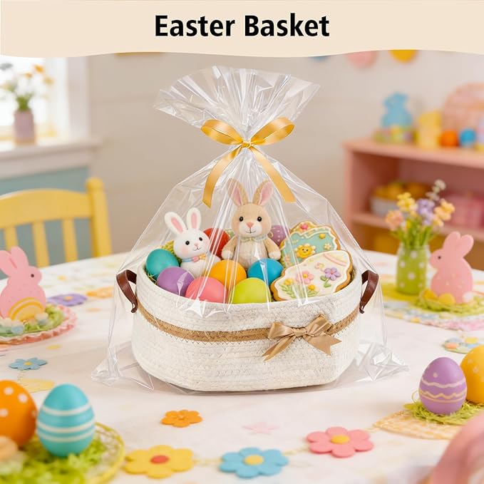 Large Gift Baskets Empty with Handles, 14"x 10"x 5.5" Cotton Rope Storage Basket Storage for Gifts Clothes Baby Diaper Pet Toys (White)