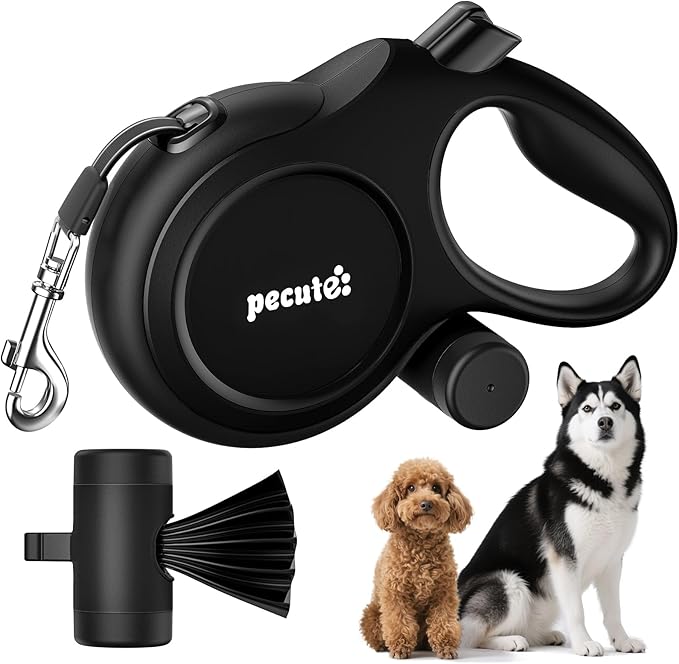26ft Retractable Dog Leash, Heavy Duty Retractable Pet Leash with Poop Bag Holder, Anti-Slip Soft Grip, Reflective Dog Leashes for Medium Dogs Large Dogs 33lbs-110lbs(Black)