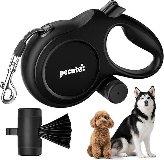 26ft Retractable Dog Leash, Heavy Duty Retractable Pet Leash with Poop Bag Holder, Anti-Slip Soft Grip, Reflective Dog Leashes for Medium Dogs Large Dogs 33lbs-110lbs(Black)