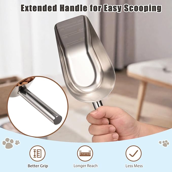 Dog-Cat Food Scoop 3/4 Cup / 6oz, Aloxina Thickened 304 Stainless Steel Pet Food Scoop with Long Handle, Precision Scale, Easy to Clean, Suitable for Wet and Dry Food